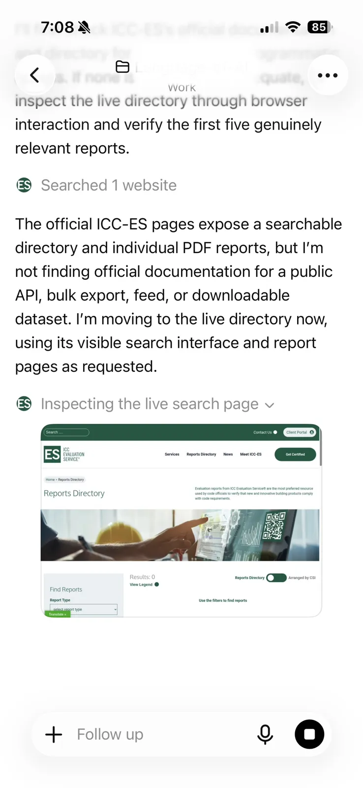 Phone screenshot of a ChatGPT agent reporting that the ICC Evaluation Service publishes a searchable directory and PDF reports but no public API or bulk export, and that it is moving to the live directory, with a thumbnail of the Reports Directory page.