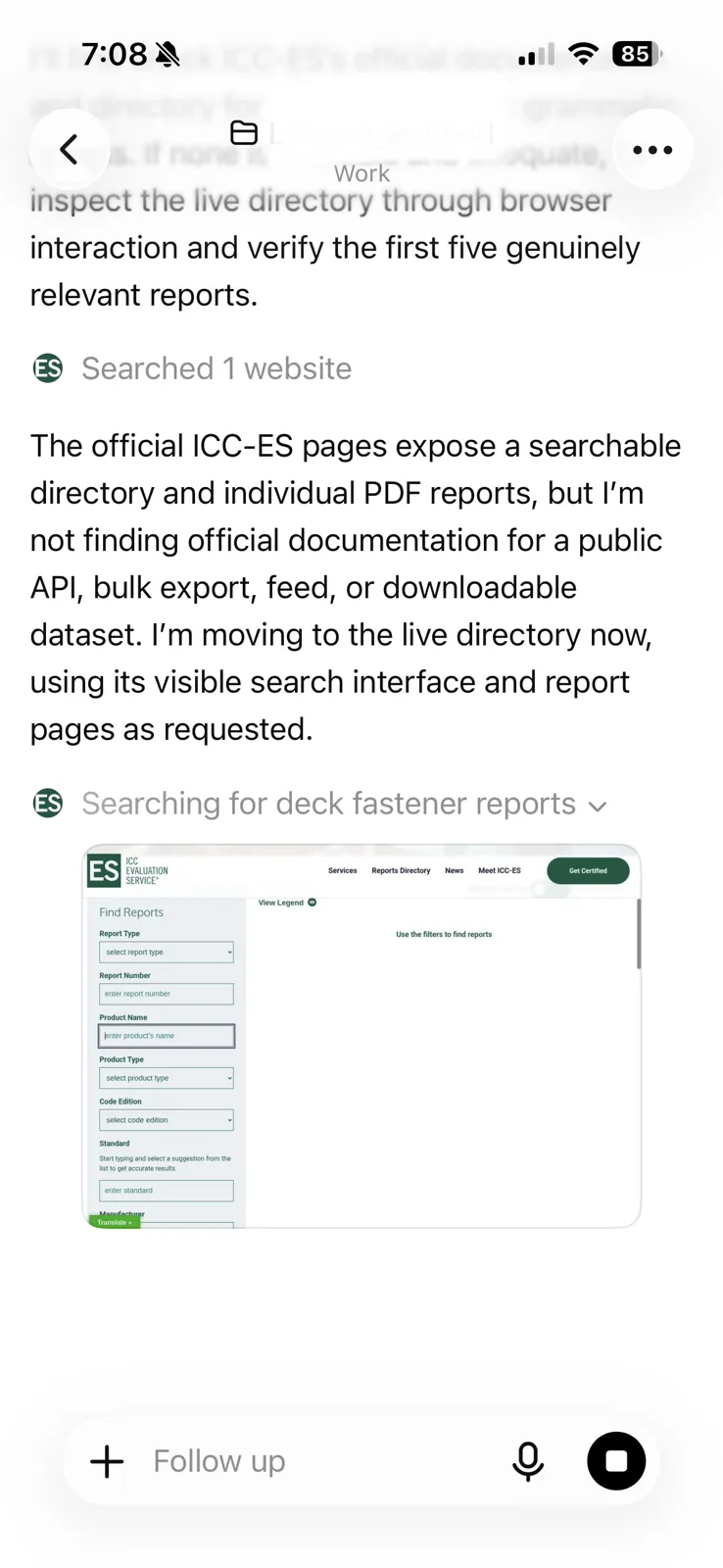 Phone screenshot of the same agent searching for deck fastener reports, with a thumbnail of the ICC-ES Find Reports filter panel.