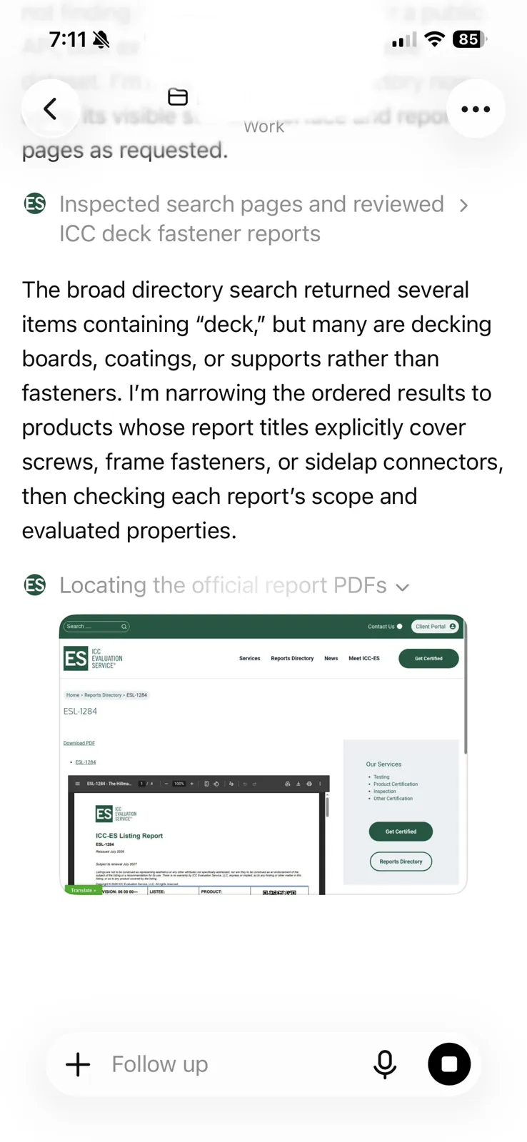 Phone screenshot of the agent narrowing results to fastener reports and opening the PDF for listing report ESL-1284.