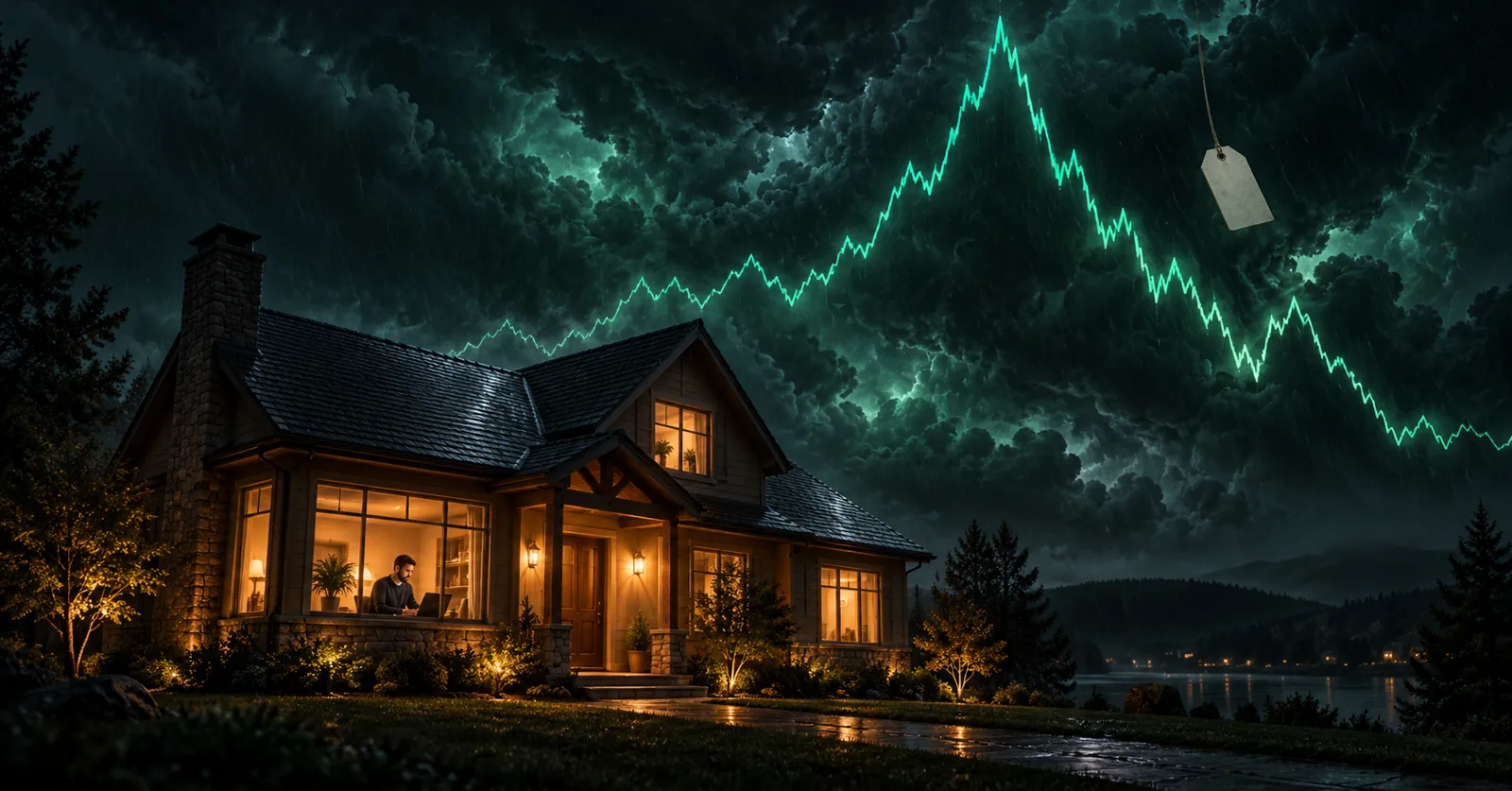 A lit house at night, a person working at a laptop inside, under storm clouds crossed by a glowing stock line that spikes and falls, with a blank price tag hanging from the sky.