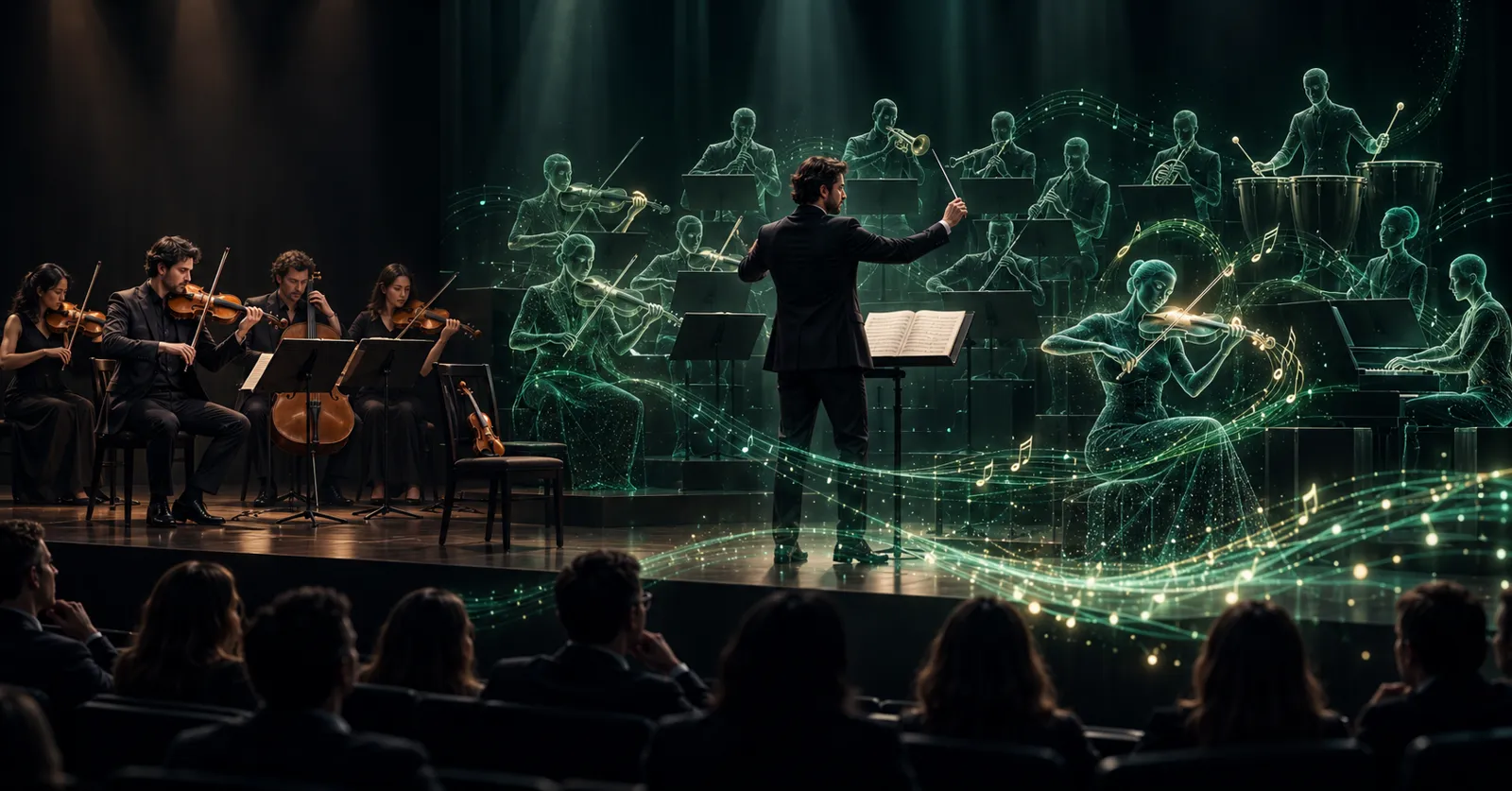 A conductor on stage leads a human string quartet on the left and a glowing green orchestra of translucent figures on the right, with an audience in the foreground.