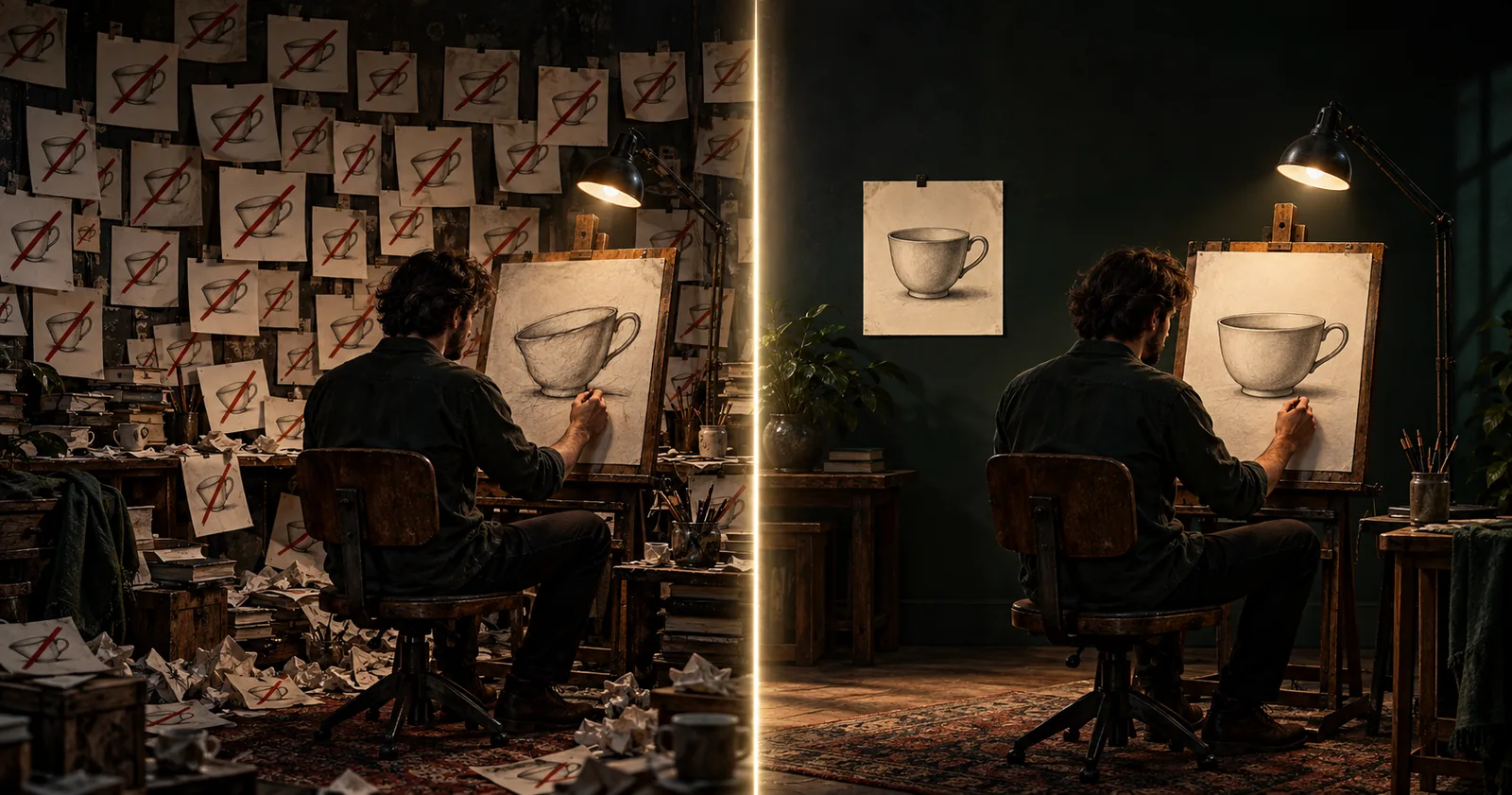 A drawing studio split down the middle. On the left, a figure at an easel sketches a lopsided teacup in a cluttered room whose walls are covered with pinned sketches of that same teacup, each crossed out in red. On the right, the same figure in a calm, bare room copies one clean teacup sketch pinned at eye level, and the drawing matches it.