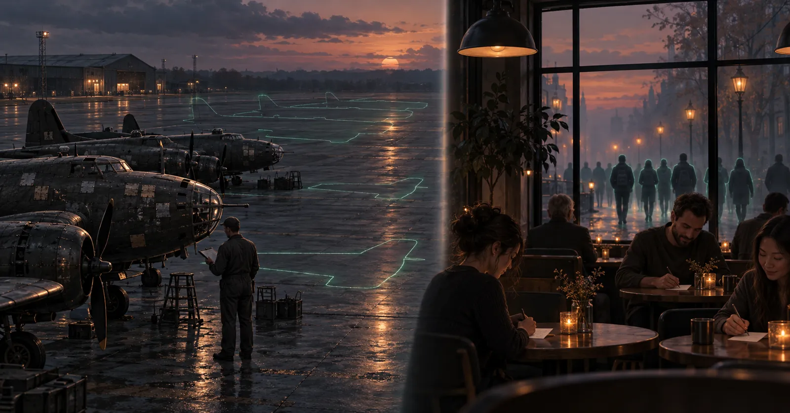 Split scene at dusk. On the left, a mechanic with a clipboard inspects a row of patched propeller bombers on a wet airfield, while glowing green outlines on the tarmac mark empty spots where other planes should be. On the right, customers in a warm café fill out feedback cards, and through the window a crowd walks away into the fog, edged in the same green glow.