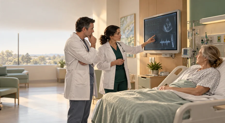 A doctor and colleague study a display while the patient rests nearby.